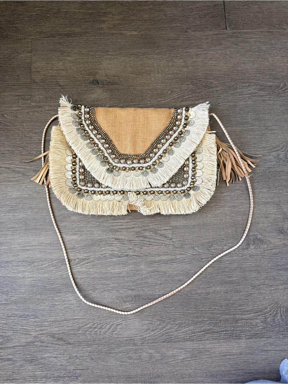 SHASHI Beige Fringe Crossbody with Beaded Trim